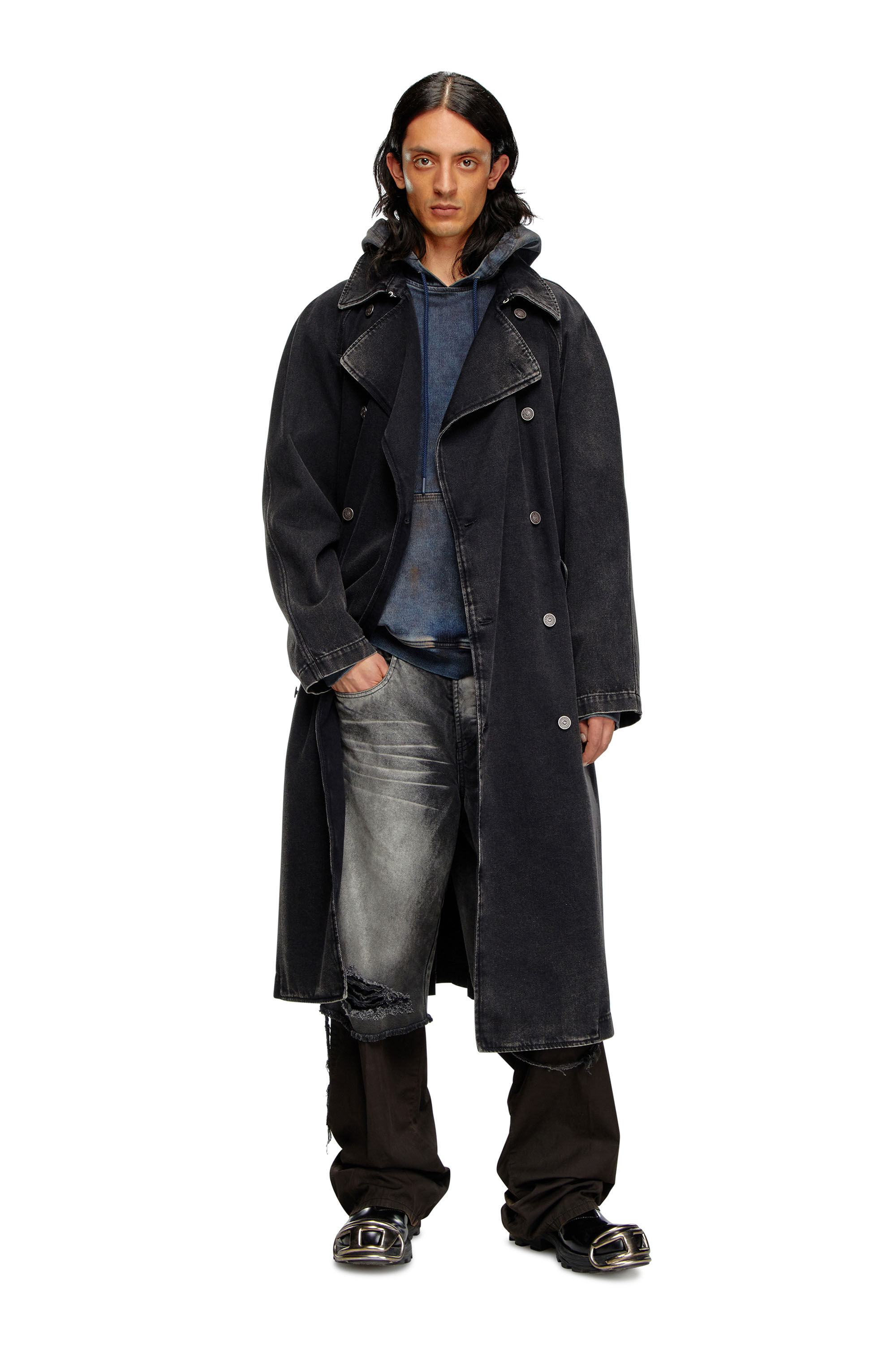 Diesel - D-DELIRIOUS-D, Man's Trench coat in clean-wash denim in Black - 3